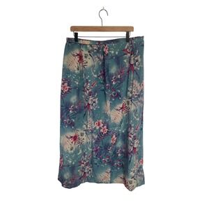 Signatures‎ Jeffrey Banks 100% Silk Tropical Floral Midi Skirt Teal Plus 1X